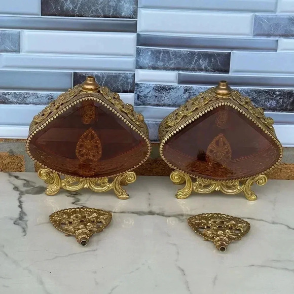 Ormolu Large Cherub Perfume Bottle w/ Amber Glass - Gold Gilt - Vintage - Picture 3 of 13